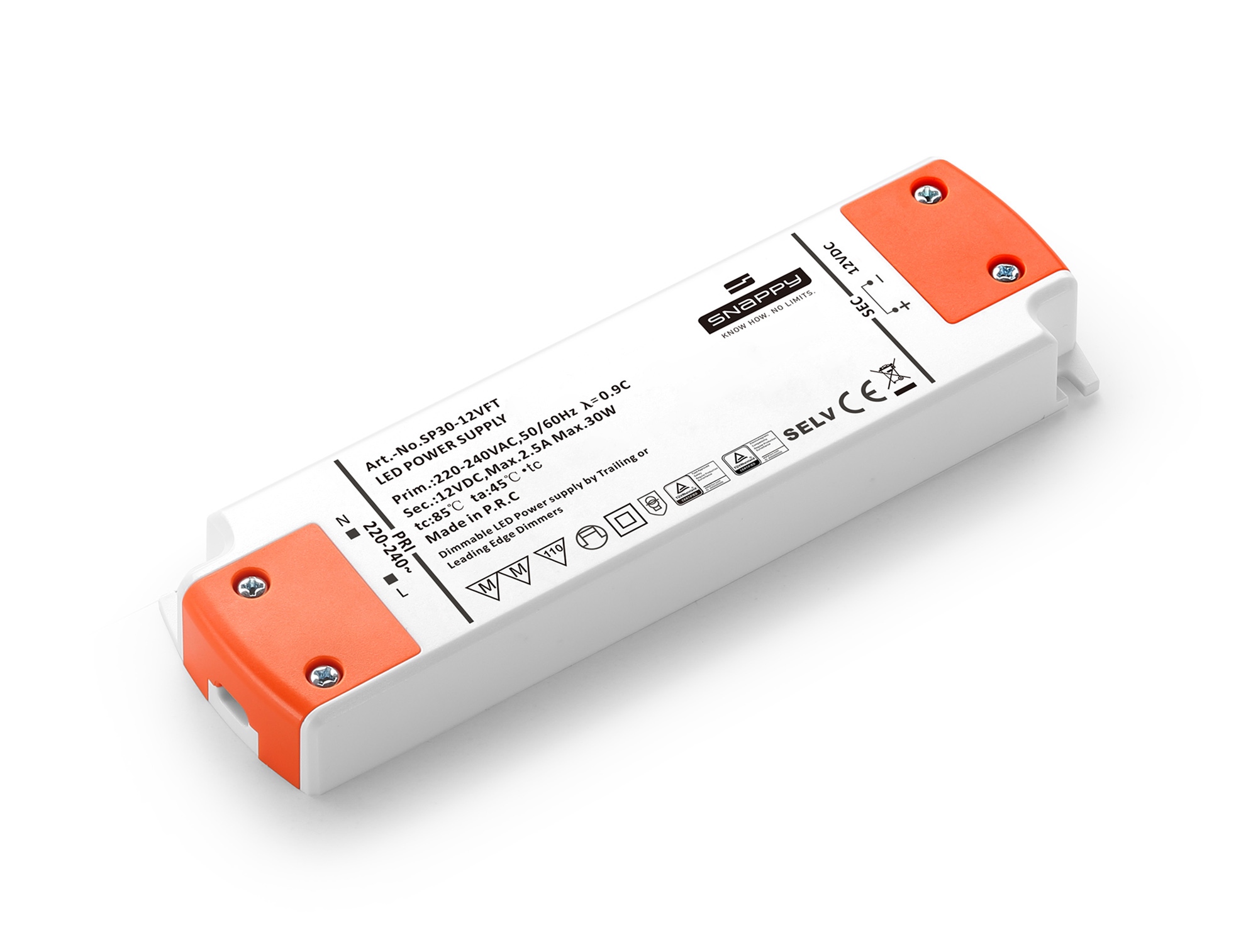 SP30-12VFT  SP; 30W; Constant Voltage Triac Dimmable PC LED Driver; 12VDC; 2.5A; Pf>0.9; TC:+85?; TA:45?; IP20; Efficiency >80%; Screw Connection; 3yrs Warranty.